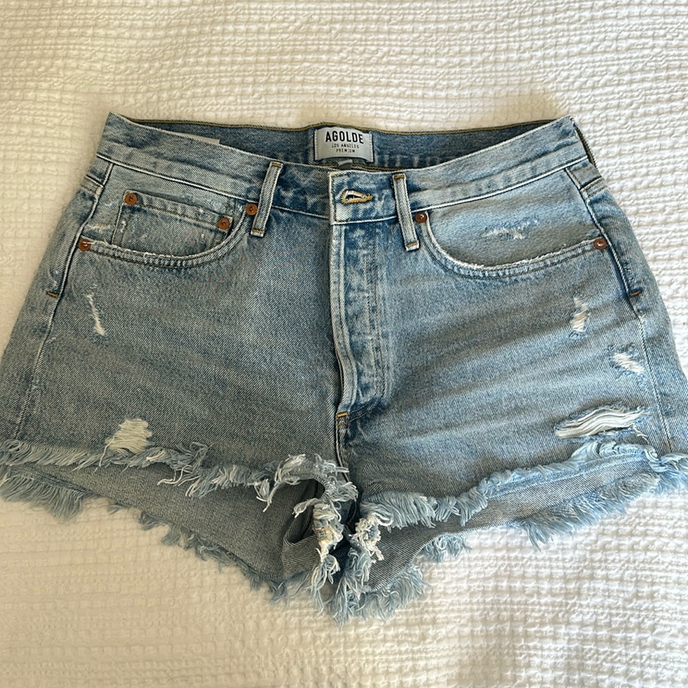 AGOLDE PARKER shorts light blue distressed